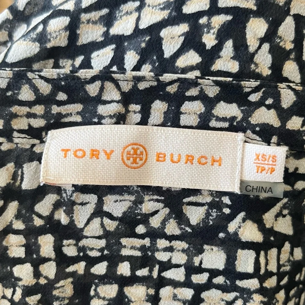 Tory Burch Silk Black White Patterned Tunic Kaftan Flowy Semi Sheer Top EUC XS/S